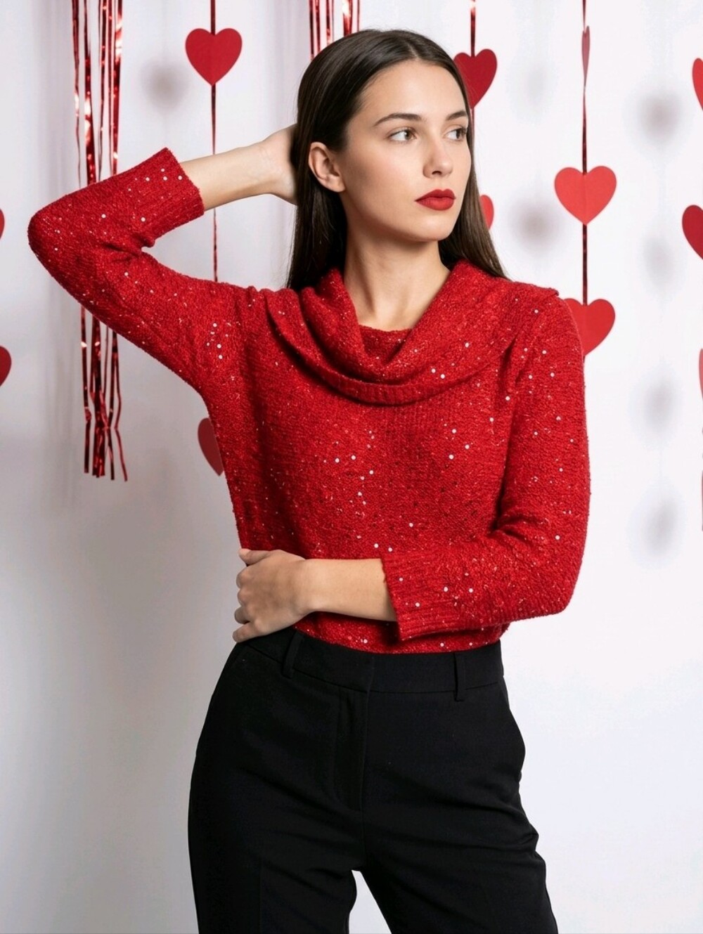 Madison Red Sequin Cowl Neck Sweater Small 3/4 Sleeves Pullover - Picture 12 of 16